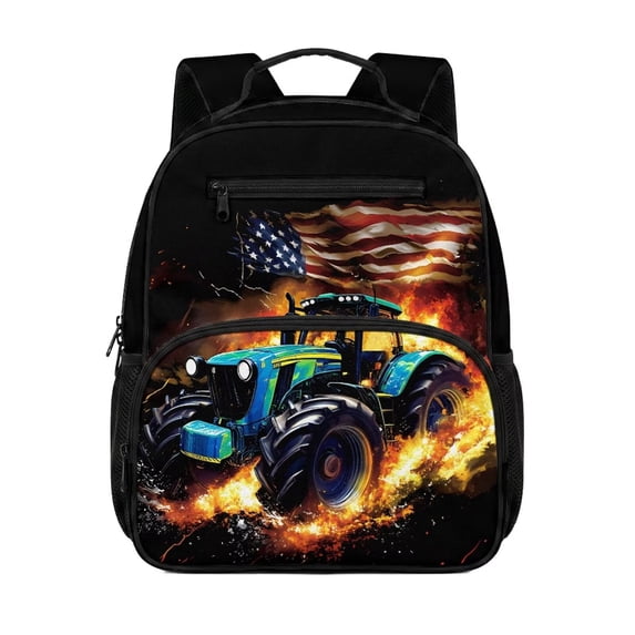 KUIFORTI American Flag Tractor Toddler Backpack for Boys Kids School Bag with Organizer Pockets Durable Adjustable Straps for Preschool Kindergarten Back to School Supplies