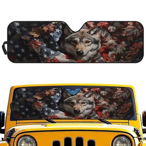 KUIFORTI American Flag Wolf Windshield Sun Shade Durable Foldable Front Windshield Shade for Sun, Heat and UV Rays Fit for Jeep Wrangler JL JLU & Jeep Gladiator