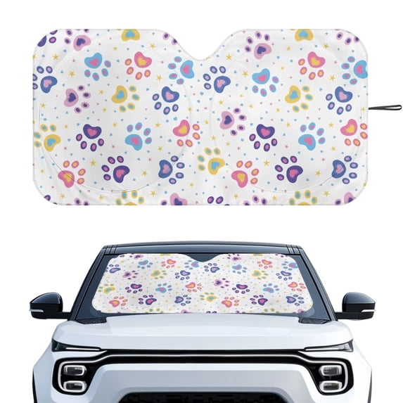 KUIFORTI Auto Sun Shade for Car Windshield Cute Paw Print Sunshade for Sun,Heat,UV Rays, Reflective Car Sun Shade for Cars,Trucks, Sedans, SUVs, 66.53" x 34.44"