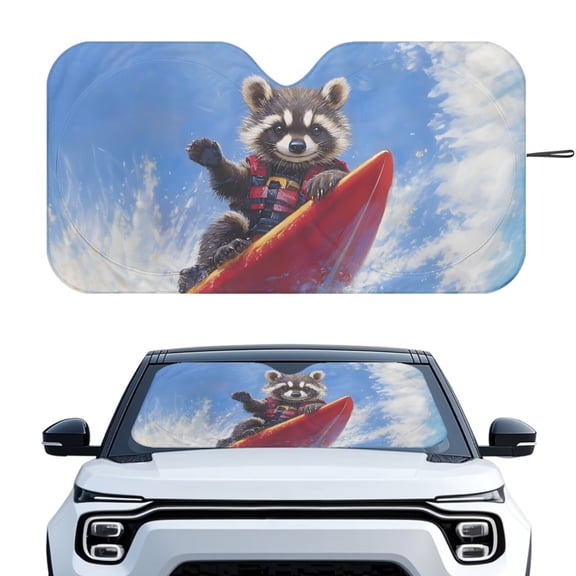 KUIFORTI Auto Sun Shades Front Windshield Cover Funny Raccoon Surfing Car Accessories with Collapsible Design & Full UV Blocking | Extra Large Car Window Shades for Trucks, Sedans, SUVs