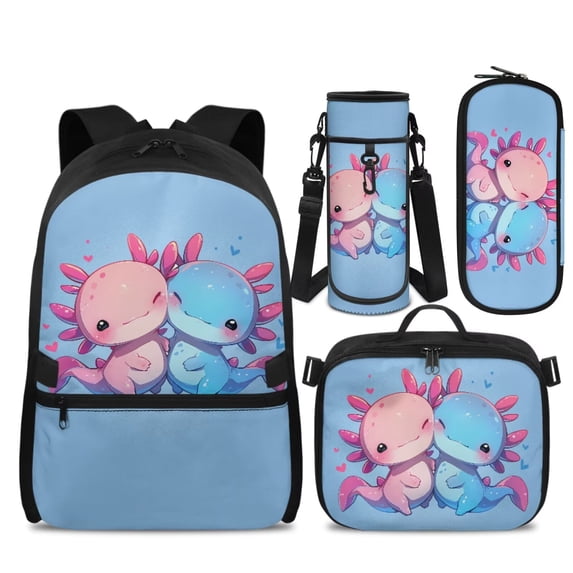 KUIFORTI Axolotl Blue Bookbag with Lunch Bag, 4Pcs Kids Backpack Set for Elementary Primary Middle School Boys, Cool School Bag with Pencil Pouch Water Bottle Sleeve