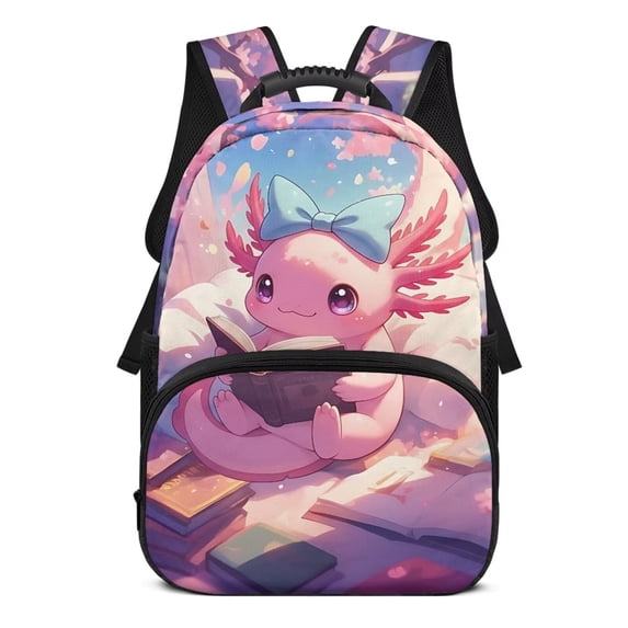KUIFORTI Axolotl Bow Kids School Backpack Polyester Large Capacity Bookbag with Multiple Organizer Pockets for Elementary Middle Daily Use Back to School Gifts for Girls
