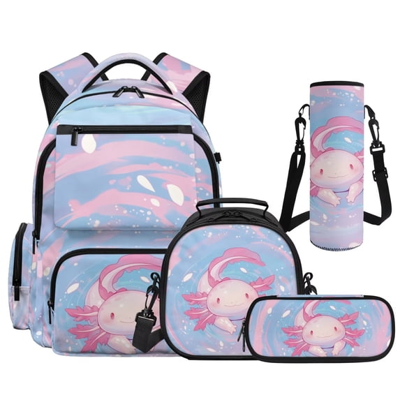 KUIFORTI Axolotl Cute Backpack Set 4Pcs for Girls Boys, Cute School Bag with Lunch Box Pencil Pouch Water Bottle Sleeve for Elementary Middle School