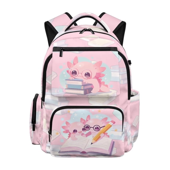 KUIFORTI Axolotl Pink Kids School Bag Large Capacity Waterproof Backpack for Elementary School Students 17 Inch Girls Backpacks with Adjustable Straps