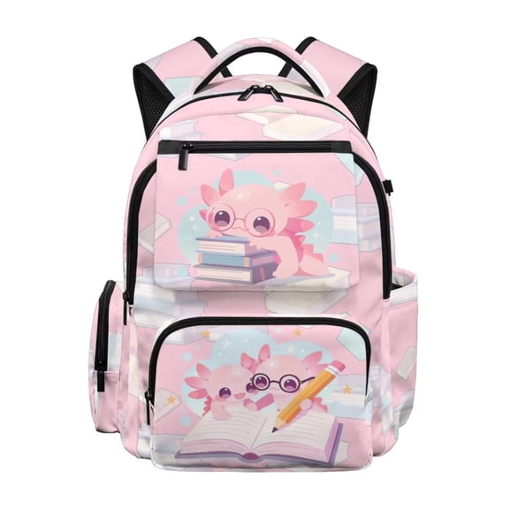 KUIFORTI Axolotl Pink Kids School Bag Large Capacity Waterproof Backpack for Elementary School Students 17 Inch Girls Backpacks with Adjustable Straps