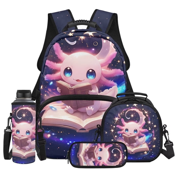 KUIFORTI Axolotl Reading 4Pcs Kids School Bag Set with Lunch Box Pencil Pouch Water Bottle Sleeve Lightweight Boys Girls Backpack for Elementary Primary Middle School Back to School Supplies
