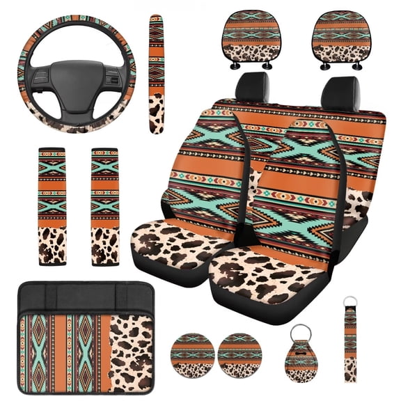 KUIFORTI Aztec Cow Print Car Seat Covers 14 Pack with Steering Wheel Cover Seat Belt Pads Car Headrest Protectors Cars Cup Coasters Wristlet Keychain Fit for Cars Sedan SUV
