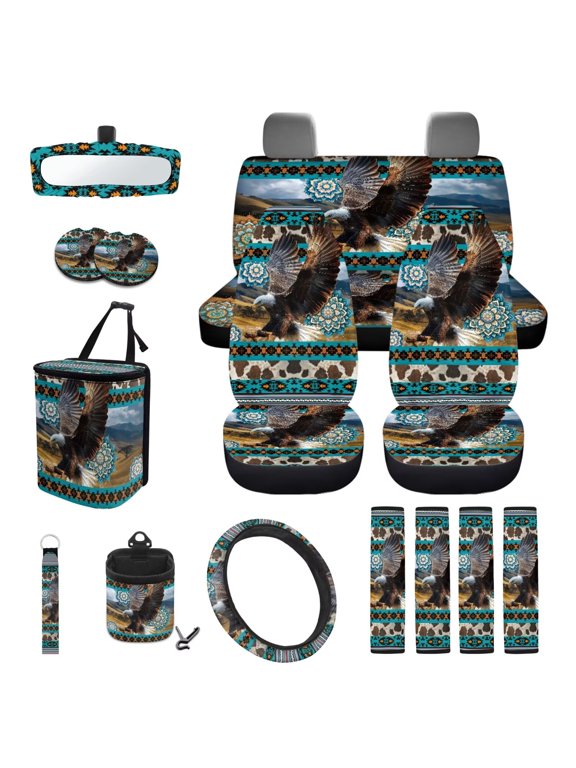 Aztec Eagle Automobile Seat Cover Sets Elastic Fabrics Set of 15 Aotumotive Interior Sets All-Season Protection Easy to Install Soft Fit Most Car, Truck, Suv, or Van
