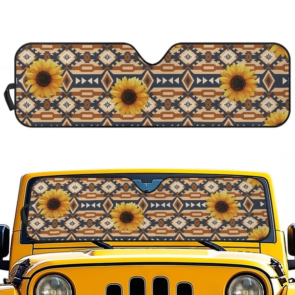 KUIFORTI Aztec Sunflower Windshield Sun Shade Foldable Automotive Windshield Sunshades Accessories Window Shade Sun Visor Compatible with Jeep Wrangler JL JLU & Jeep Gladiator