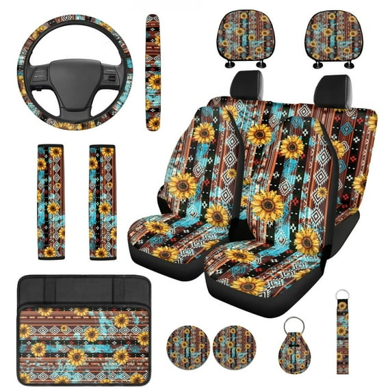KUIFORTI Aztec Tribal 14 Pcs Auto Seat Covers Full Set Auto Center Console Armrest Pad Car Headrest Protectors Steering Wheel Cover Elastic Fabrics for Cars Sedans and SUVs