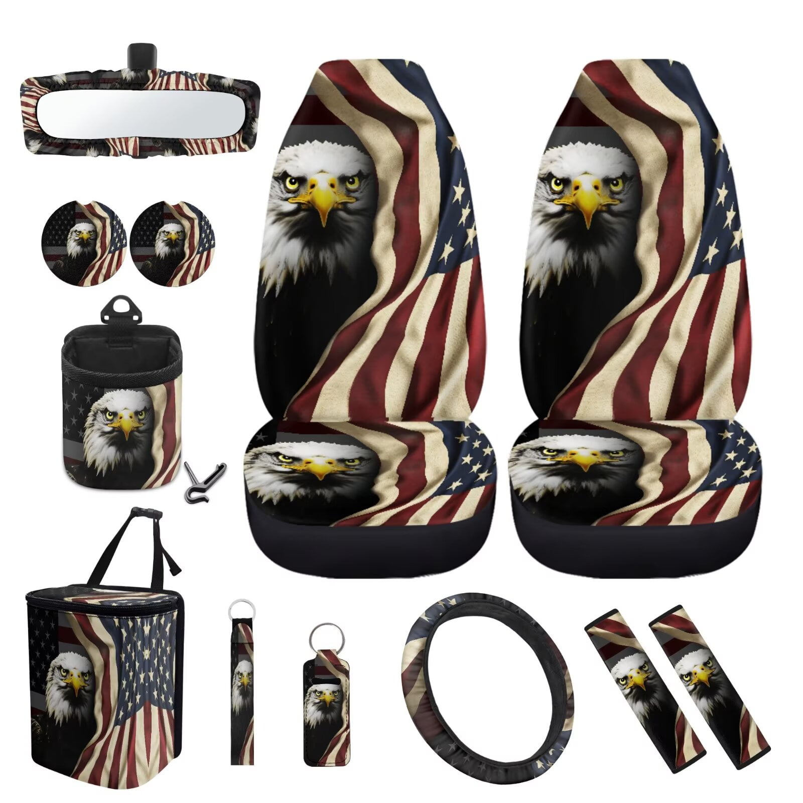 KUIFORTI Bald Eagle Car Seat Covers Front Seats American Flag Seat Belt Cover Pad, Steering Wheel Protector, Coasters, Chapstick Holder, Car Trash Can, Car Pouch Car Vent Pocket
