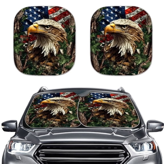 KUIFORTI Bald Eagle Car Sun Shade Windshield Foldable Front Window Sunshade Windscreen Cover 2 Pcs American Flag Sun Visor Protector Keep Your Vehicle Cool,Universal for Cars Trucks SUV Sedan