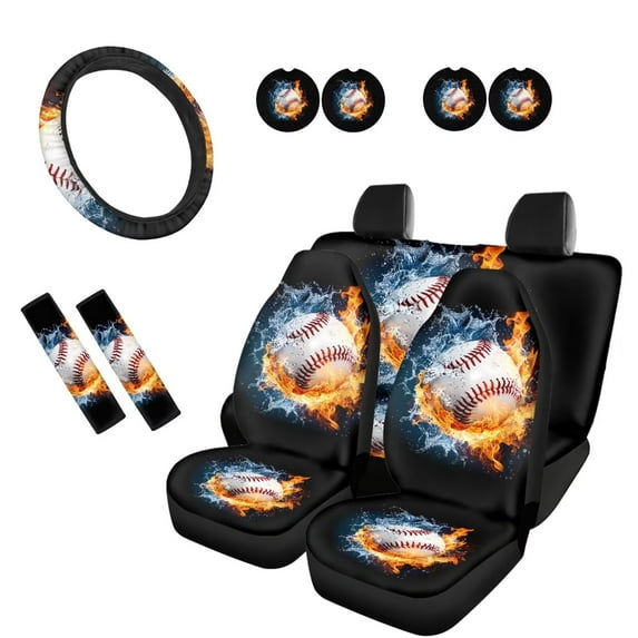 KUIFORTI Baseball Print 11 PCS Car Seat Cover Set Seat Covers Steering Wheel Cover Auto Seat Belt Cover Seatbelt Cup Coasters Automotive Interior Accessories for Cars