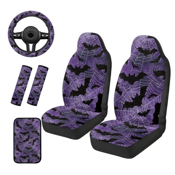 KUIFORTI Bats Spider Web Seat Covers for Cars Set of 6 with Auto Center Console Armrest Pad Car Seat Belt Pad Cover Car Steering Wheel Cover Washable Fit for Cars Sedan SUV
