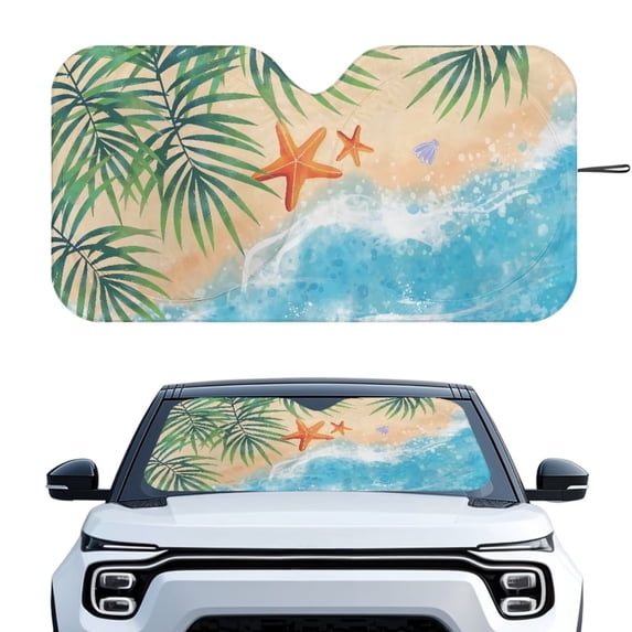 KUIFORTI Beach Starfish Sun Shade for Car Windshield Foldable Sun Visor Reflective Fabric Blocks UV Rays and Sun, Automotive Interior Protection for SUV, Truck, Sedan, Van, Hatchback, 66.53" x 34.44"