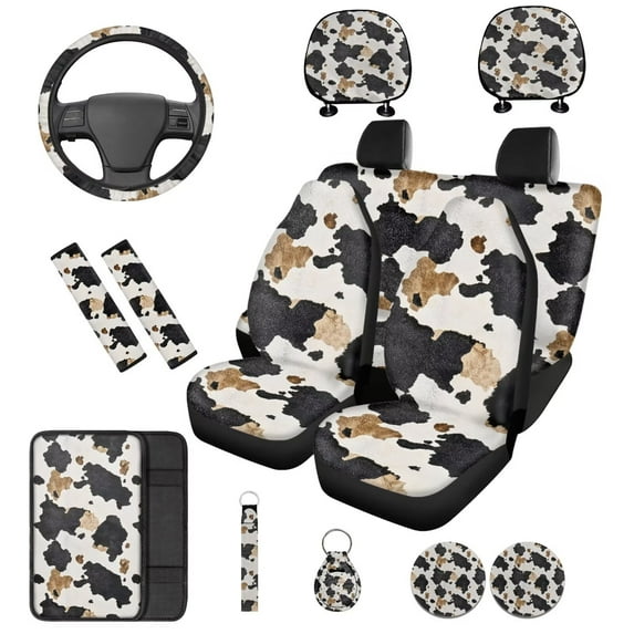 KUIFORTI Black Cow Print Auto Seat Covers Full Set Set 14 Pcs with Auto Center Console Armrest Pad Steering Wheel Cover Seat Belt Pads Car Headrest Protectors for Most Cars