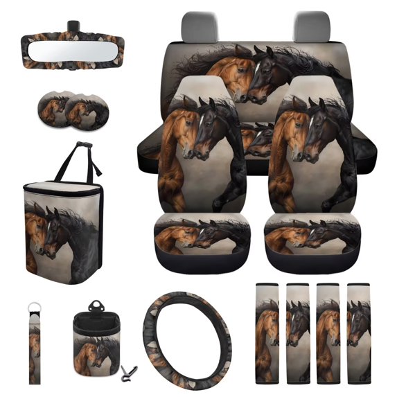 KUIFORTI Black Horse Car Seat Cover Set Non Slip Set 15 Pcs Full Set Car Accessories All-Season Protection Wear-Resistant Comfortable Universal Fit Cars SUV Trucks