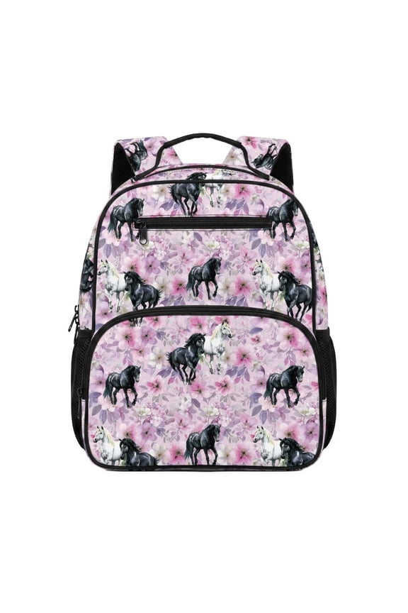 Black Horse Toddler Backpack Boys Kids School Bag with Side Pockets Adjustable Straps Lightweight for Preschool Kindergarten Back to School Gifts