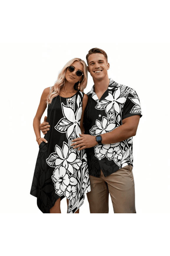 Black Matching Hawaiian Outfits for Couples Polynesia Couple Matching Outfits for Summer Vacation Trip Breathable Womens Summer Dresses Soft and Comfortable