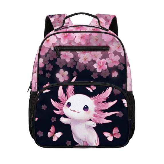 KUIFORTI Blossoms Axolotll Toddler Backpack Girls Kids School Bag with Adjustable Straps Multiple Organizer Pockets 13.5 Inch for Preschool Kindergarten Back to School Gifts