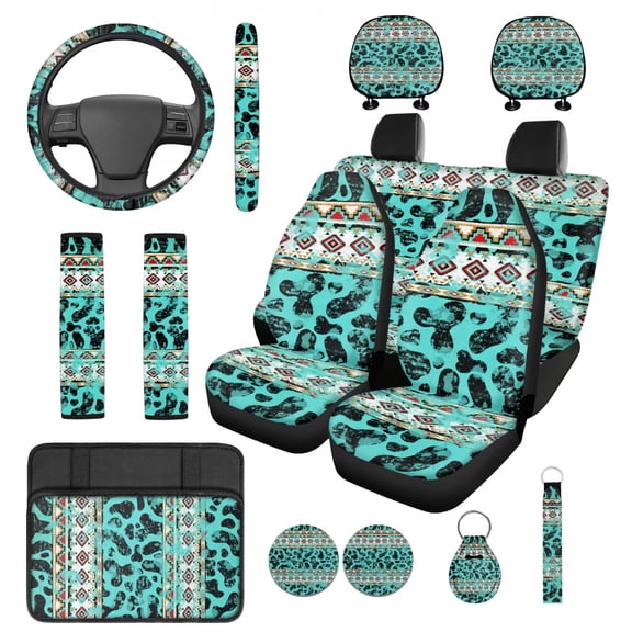 KUIFORTI Blue Aztec 14 Pcs Car Seat Covers Auto Seat Belt Cover Steering Wheel Cover Auto Center Console Armrest Pad Stretch Polyester Fabric Cover for Cars Sedans and SUVs