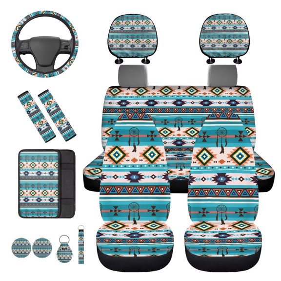 KUIFORTI Blue Aztec Car Seat Covers Full Set Set 14 Pcs with Car Headrest Covers Cars Steering Wheel Cover Auto Seat Belt Cover Wristlet Keychain for Cars Sedans and SUVs