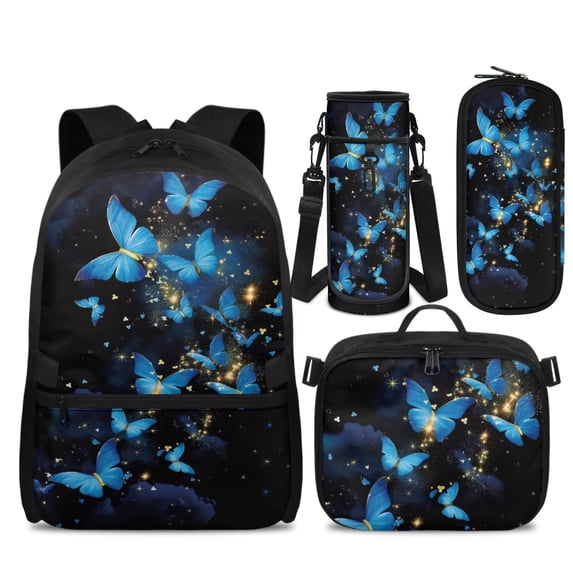 KUIFORTI Blue Butterfly Print Backpack with Lunchbox, 4Pcs Kids School Bag Set for Girls Elementary Middle School,Bookbag with Pencil Case Water Bottle Sleeve Back to School Supplies