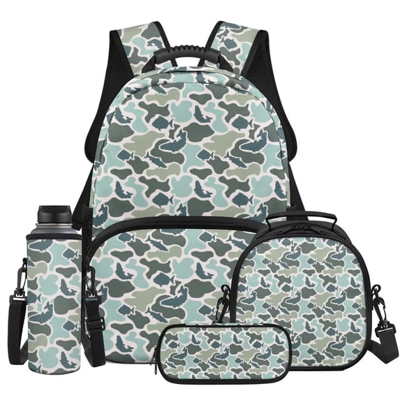 KUIFORTI Blue Camo Fish Backpack for Boys Girls Kid Backpack Set of 4 Bookbag and Lunchbox for Elementary Primary Middle School Students Back to School Essentials Gifts