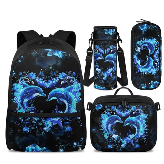 KUIFORTI Blue Dolphin School Bag with Lunch Bag, 4Pcs Kids Backpack Set for Girls Elementary Middle School, Fashion Bookbag with Pencil Pouch Water Bottle Sleeve Back to School Gifts for Students
