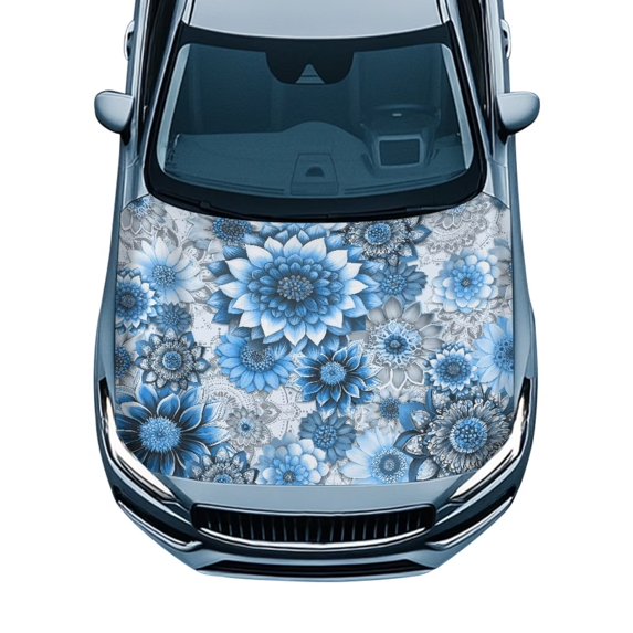 KUIFORTI Blue Floral Print Car Hood Cover Stretchable Fade-Resistant Front Hood Protector Can be Washed for Vehicles Sedans Trucks SUVs Pickup Automotive Exterior Accessory