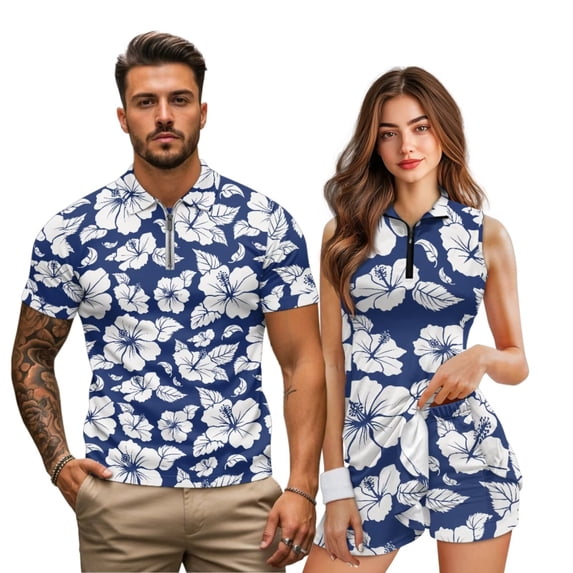 KUIFORTI Blue Hibiscus Matching Golf Shirts for Couple Fit Plain Funny Couple Golf Shirts Woman Golf Clothing Set Breathable Fabric for Golf,Tennis,Hiking,Running,Gym Breathable Fabric
