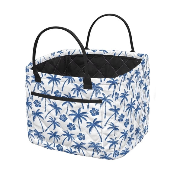 KUIFORTI Blue Palm Hibiscus Print Quilted Soft Nursery Storage Basket, Large Capacity Collapsible Toy Organizer with Built-in Handles & Front Pocket for Kids Toys, Blankets