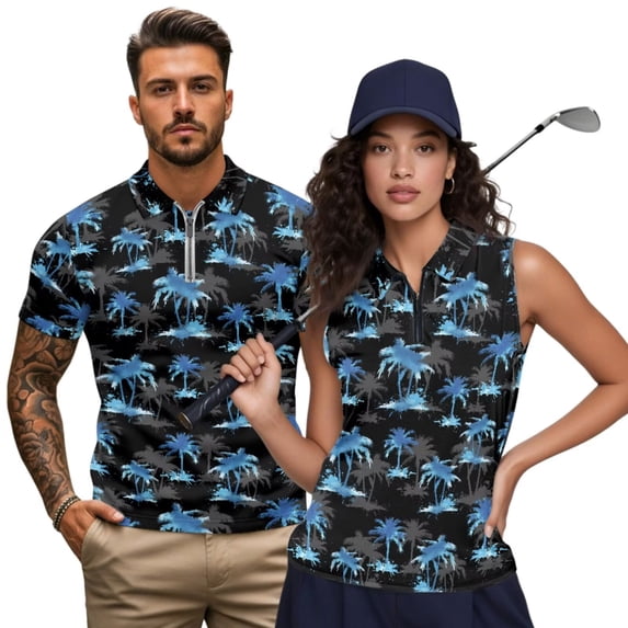 KUIFORTI Blue Palm Tree Matching Golf Shirts for Couple Quarter Zip Golf Tennis Tank Top Quick Dry Athletic Sleeveless Shirts Racerback Design Machine Washable Lapel Design