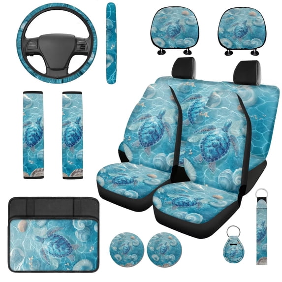 KUIFORTI Blue Sea Turtle Car Seat Covers Easy Installation 14 Pack Automotive Front Seat & Bench Back Seat Cover Suitable for Cars, SUV and Trucks Breathable All-Season Protection