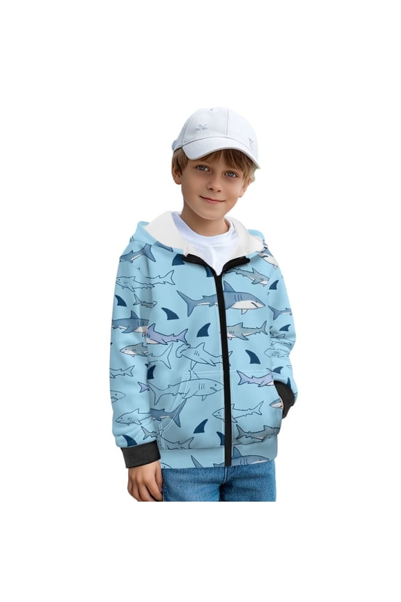 Blue Shark Cute Sweatshirts for Boys 14-16 Years Fleece-Lined Soft Hooded Sweatshirt for Boys with Pockets Polyester Full Zip Hooded Jacket for Outdoor Activity