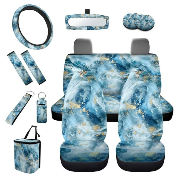 KUIFORTI Blue Tie Dye Car Seat Covers Full Set 13 Piece Car Seat Cover Steering Wheel Cover Seatbelt Covers Keychain Lipstick Protector Cup Coasters Car Garbage Bag Rear View Mirror Cover