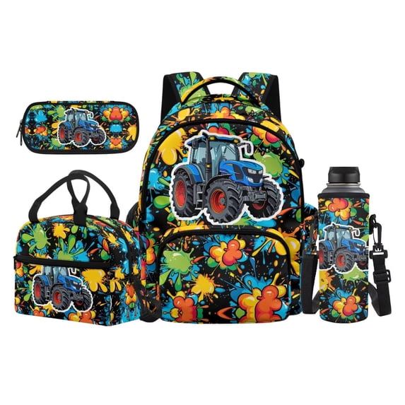 KUIFORTI Blue Tractor Backpack with Lunchbox Breathable Set 4 piece with Pencil Case Elementary Students School Bag for Students Elementary School Daily Use