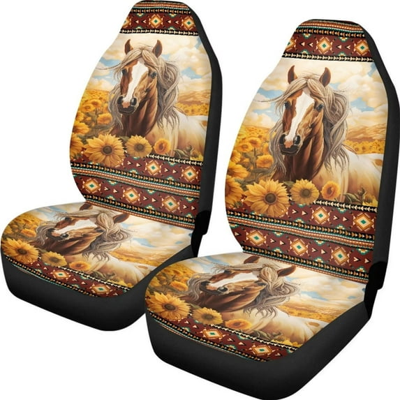 KUIFORTI Boho Car Seat Covers for Front Seats, Horse Car Seat Protector Sunflower Car Accessories for Women 2 Pieces Elastic Bucket Seat Protector,Waterproof Seat Covers for Cars SUV Trucks Van