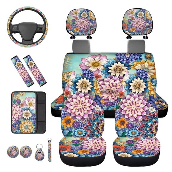KUIFORTI Boho Floral 14 Pcs Auto Seat Covers Car Headrest Protectors Auto Center Console Armrest Pad with Wristlet Keychain Stretch Polyester Fabric Cover for Cars SUV Sedans
