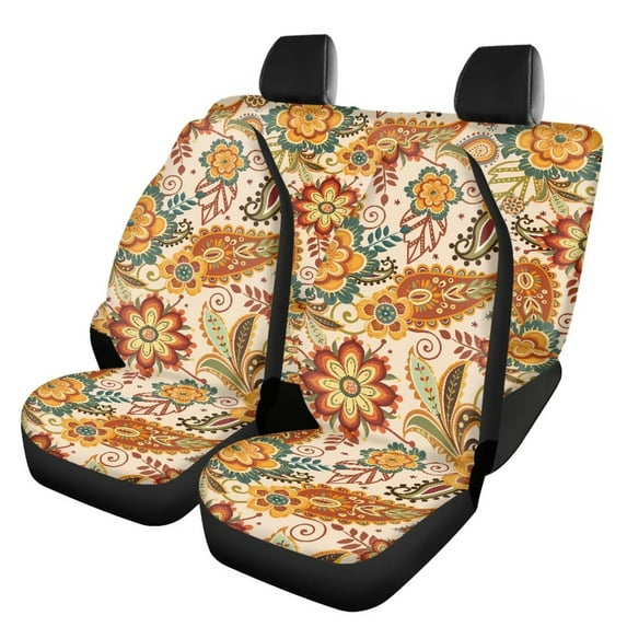KUIFORTI Boho Floral Car Seat Cover Auto Accessories Interior 4Pcs, Front Seat Protector Auto Seat Rear Split Bench Cover Universal Automotive Seat Cover Accessories
