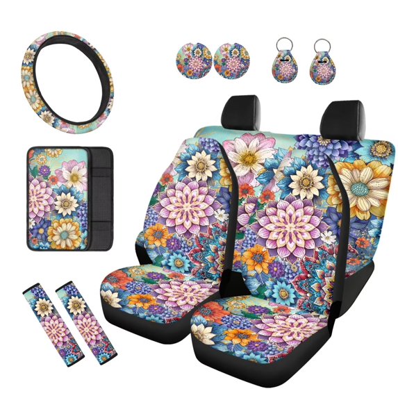 KUIFORTI Boho Florals 12 Pcs Automobile Seat Covers Car Center Console Cover Car Seat Belt Pad Cover Steering Wheel Covers Wristlet Keychain Universal Fit Most Cars,SUV,Sedan