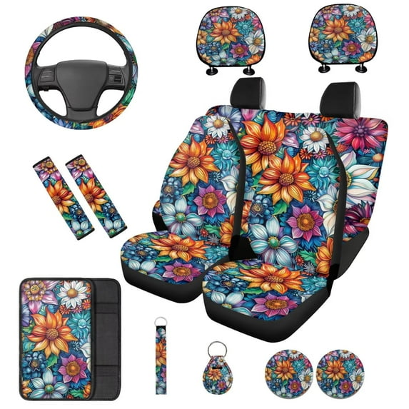 KUIFORTI Boho Flower 14 Pcs Auto Seat Covers Car Steering Wheel Accessories Car Headrest Protectors Auto Seat Belt Cover Cars Interior Accessories for Cars Sedans and SUVs
