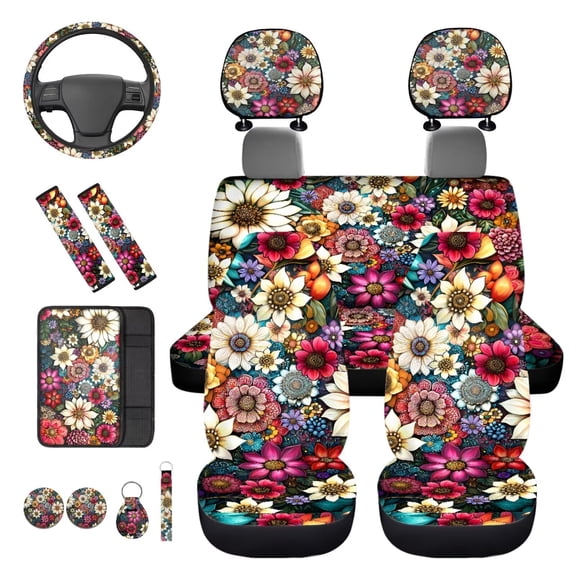 KUIFORTI Boho Flower 14 Pcs Seat Covers for Car Auto Center Console Armrest Pad Steering Wheel Cover Wristlet Keychain Car Interior Automotive Fits Most Cars, Sedans, SUVs