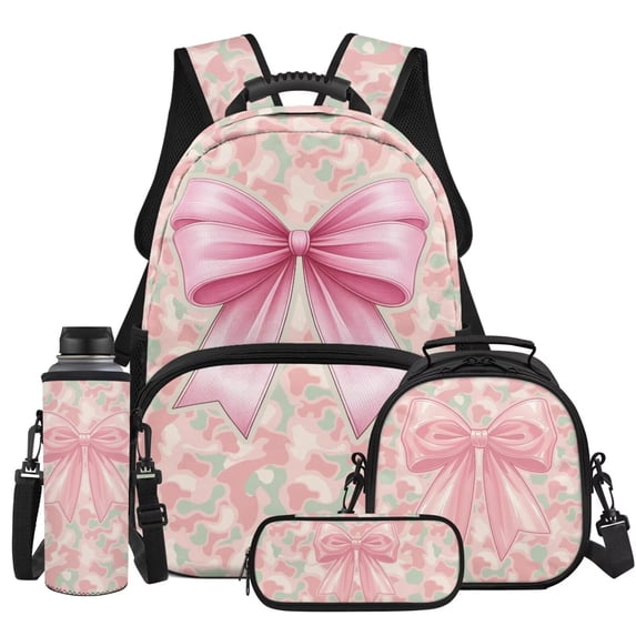 KUIFORTI Bow Camo Backpack with Lunch Box for Boys Girls Kid Backpack Set 4Pcs Bookbag for Elementary Primary Middle School Back to School Supplies Gifts
