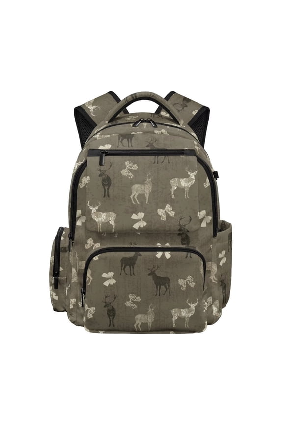 Bow Deer Print Girls School Backpack Lightweight Kids Bookbag with Front Pockets Adjustable Straps for Elementary Middle Back to School Supplies