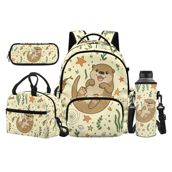 KUIFORTI Brown Animal Bookbag with Lunch Box Set 4 piece Comfortable Kids Backpack with Pencil Case Water Bottle Sleeve for Elementary Middle School Daily Use