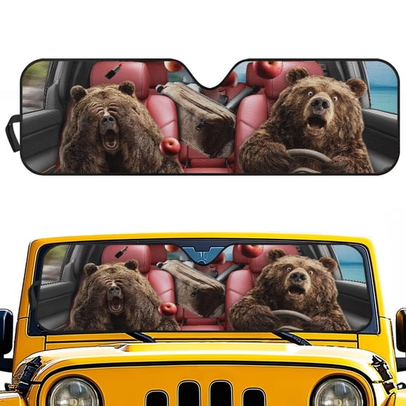 KUIFORTI Brown Bear Windshield Sun Shade Easy-Fold Driving Front Window Sun Visor Blocks UV Rays Sunshade Durable Suitable for Jeep Wrangler JL JLU & Jeep Gladiator
