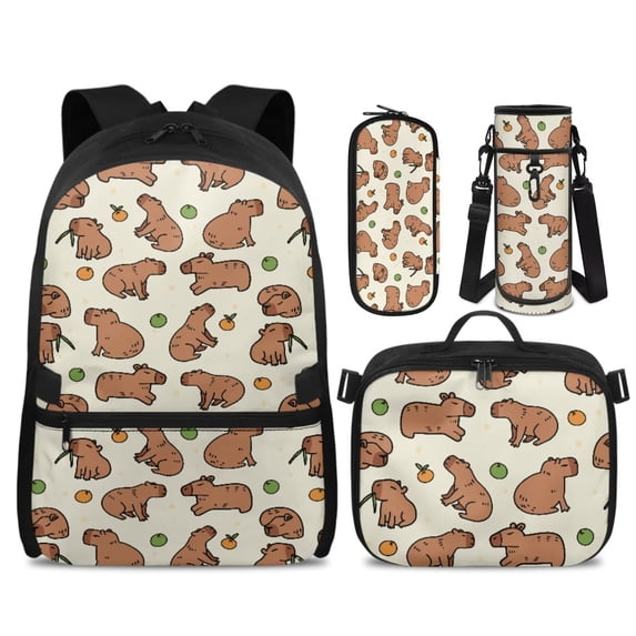 KUIFORTI Brown Capybara Bookbag with Lunch Box Kid Backpack Set 4Pcs Boys School Bag Pencil Pouch Water Bottle Sleeve Suitable for Elementary Primary Middle School