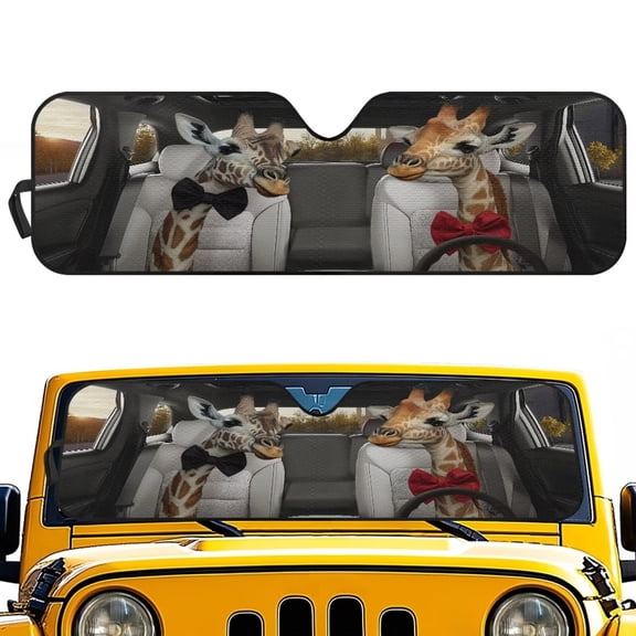KUIFORTI Brown Giraffe Car Windshield Sunshade Foldable Hard-Wearing Fit for Jeep Wrangler JL JLU & Jeep Gladiator Driving Front Window Sun Visor Blocks UV Rays Sunshade