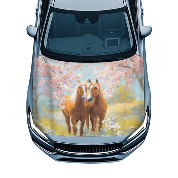 KUIFORTI Brown Horses Cherry Blossom Car Hood Cover Protector, All-Weather Protection Fade-Resistant Hood Wrap Protector, Washable Fits Most Sedans SUVs Trucks Pickups